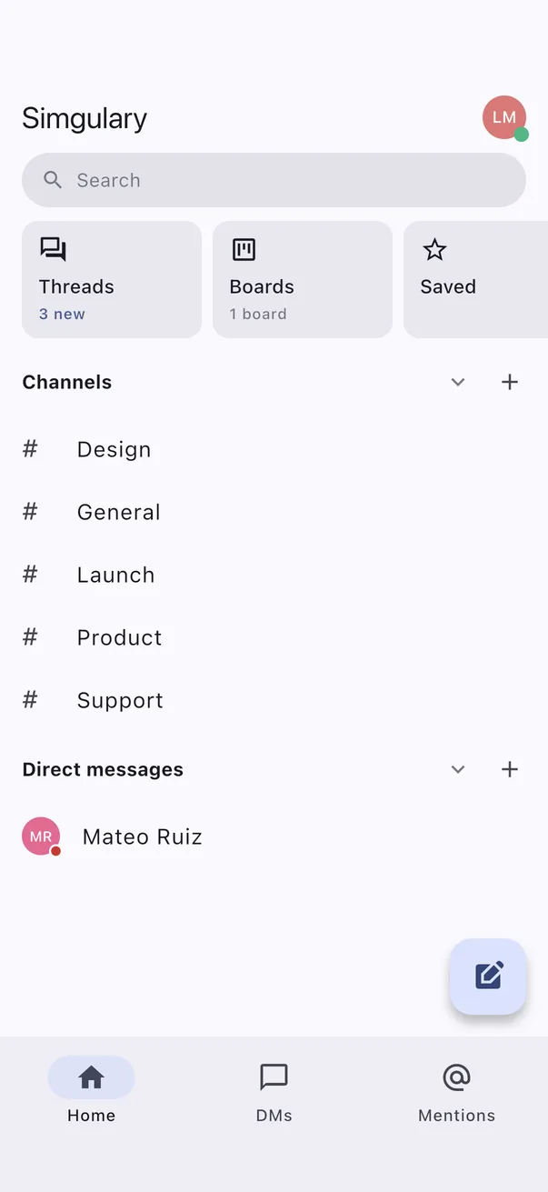 Zapy on mobile: the Home screen with channels and direct messages