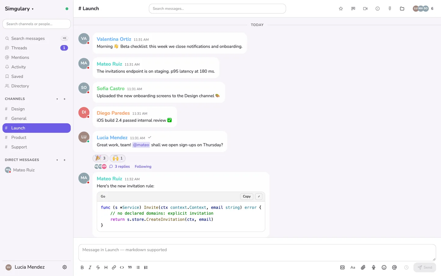 The Zapy web app: channels on the left and a conversation with an open thread