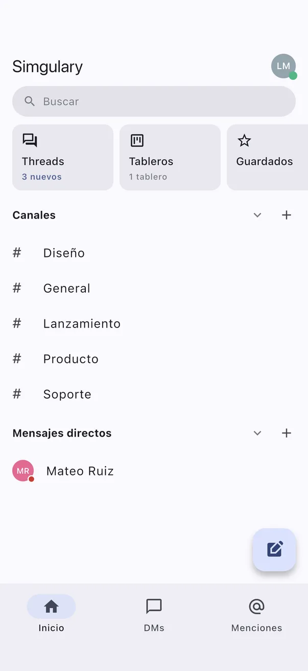 Zapy en el móvil: el Inicio con canales y mensajes directos